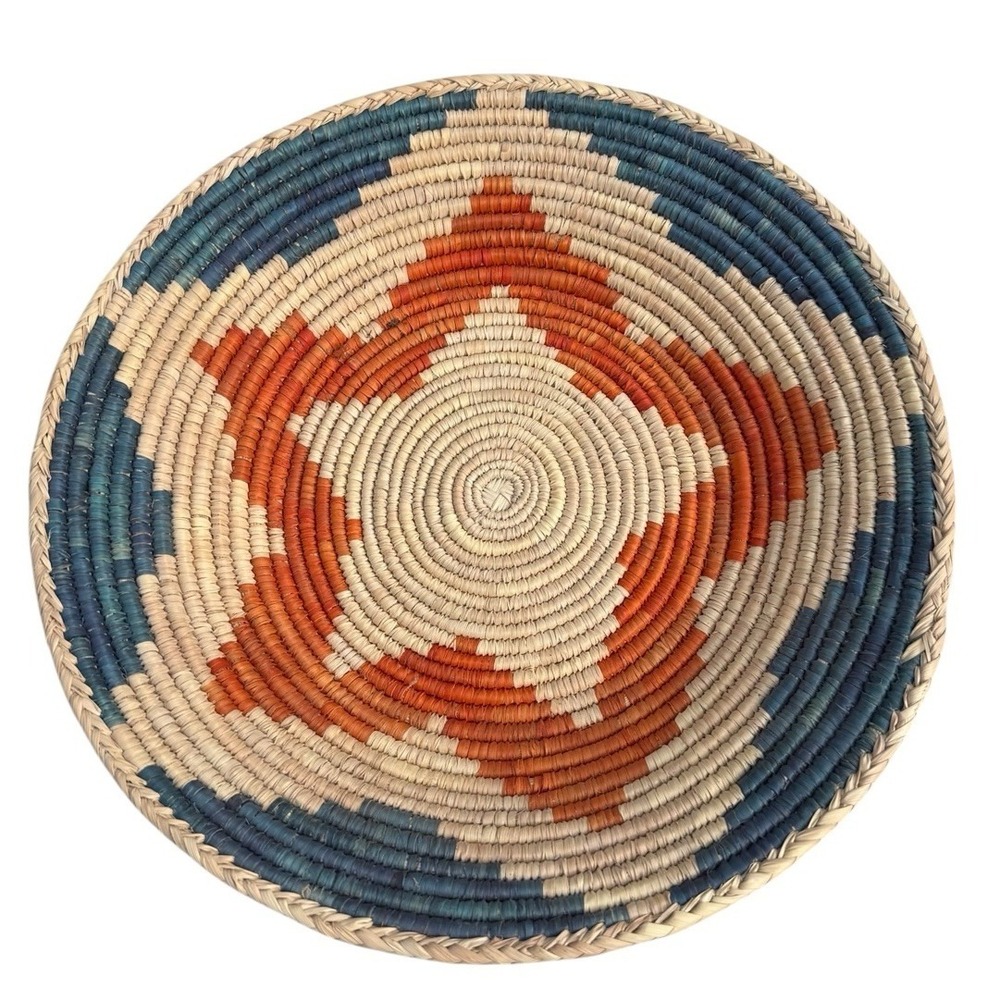 Vintage Navajo Style Handwoven Wedding Basket Star Orange Blue 15 1/2"